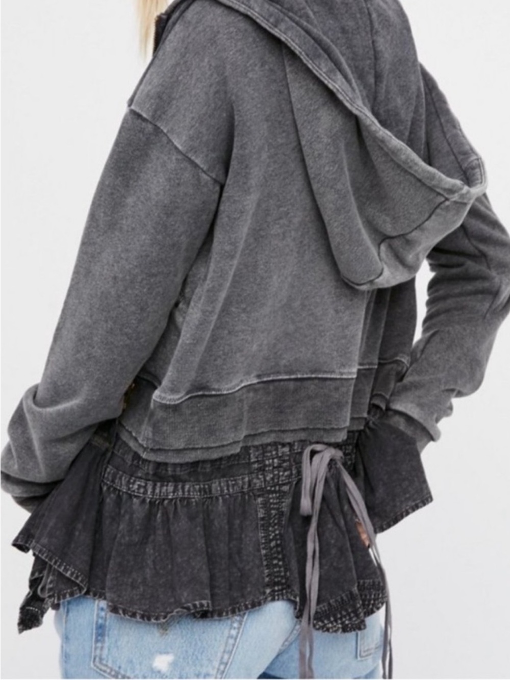 VEUC FREE PEOPLE When Worlds Meet Hoodie Distressed Zip Sweatshirt Gray/Black L